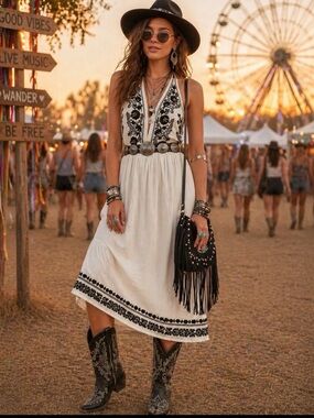 🤍 Urban Outfitters Embroidered Halter Dress Size S | Boho Festival Cotton Midi